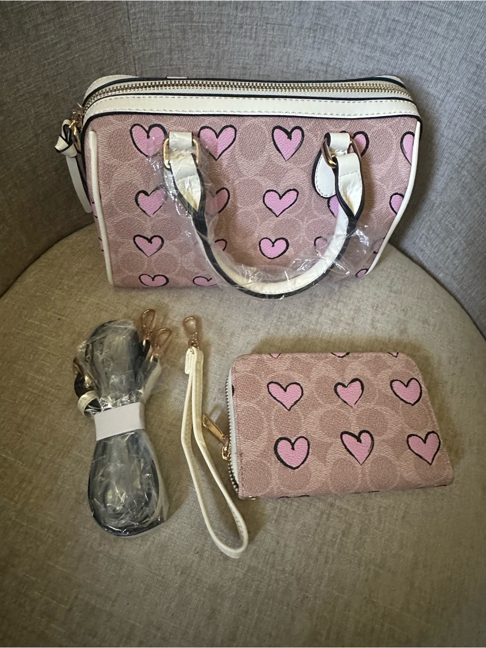 Pink Heart Print Satchel with Matching Wallet - Women's Bag